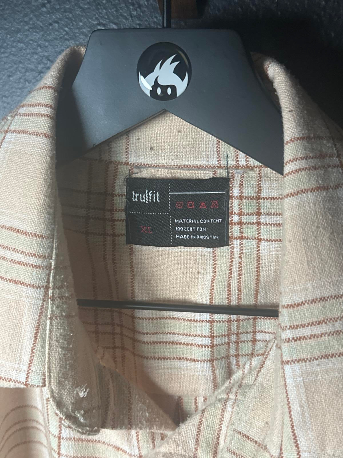 Trulfit Men's Casual Button-Up Shirt XL Beige Plaid 100% Cotton