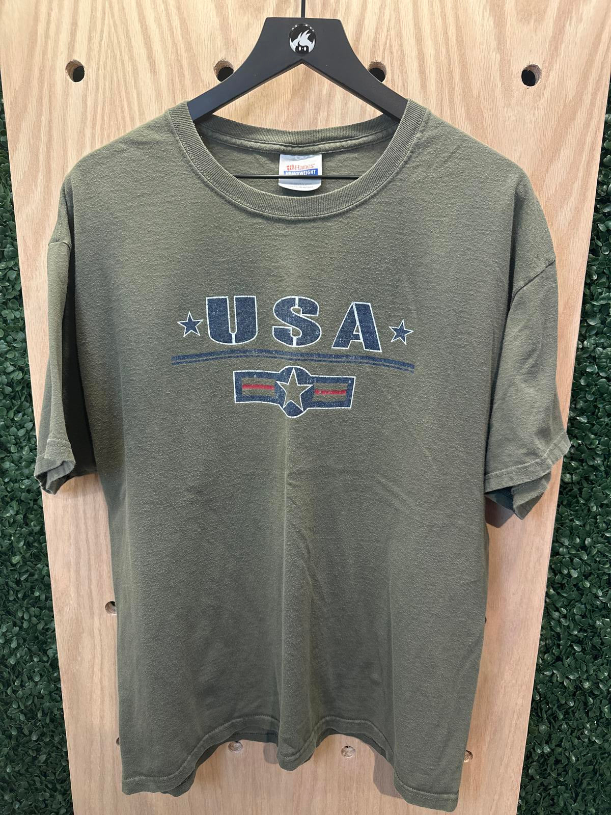 Hanes Heavyweight USA Graphic T-Shirt Olive Green Mens Large