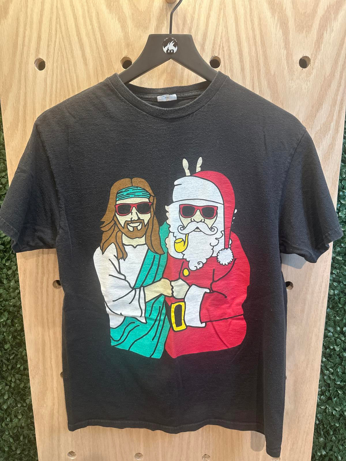 Black Graphic T-Shirt with Jesus and Santa Design