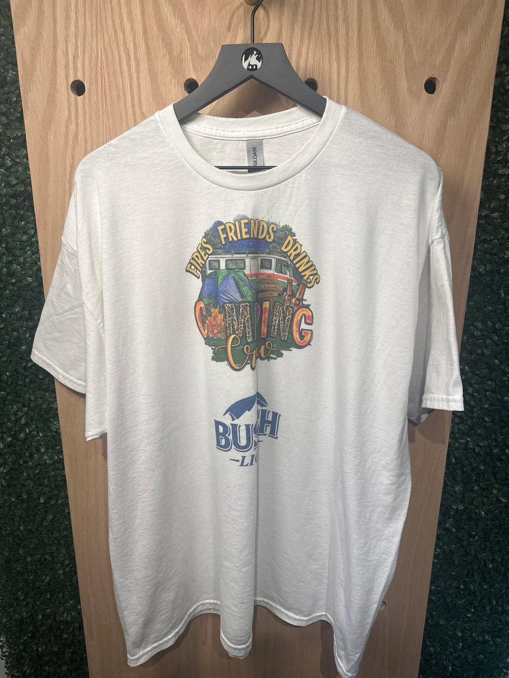 Gildan White Graphic Camping Crew T-Shirt, Size 2XL