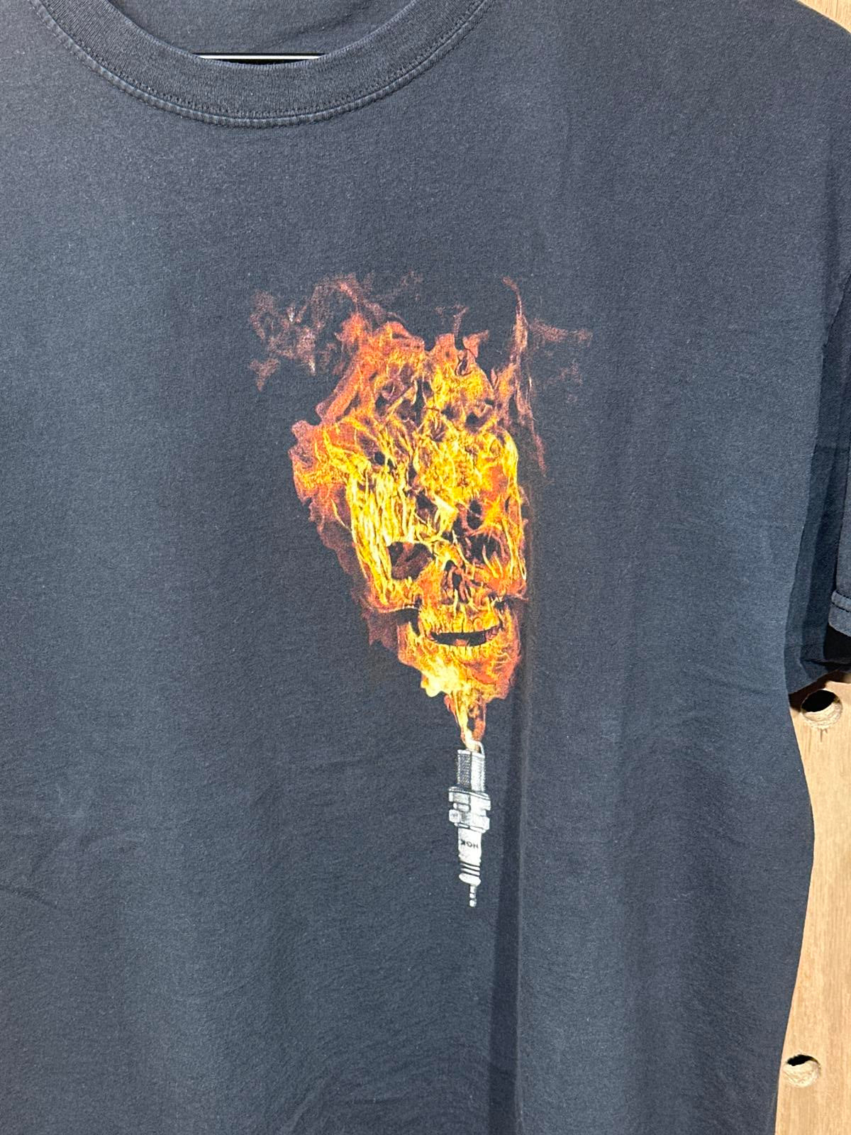Men's Black Graphic Short Sleeve T-Shirt with Flaming Skull Design
