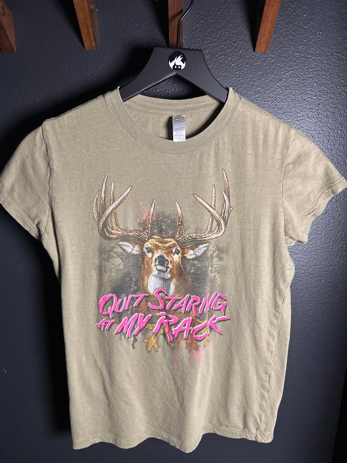 Next Level Apparel Graphic T-Shirt with Deer and 'Quit Staring at My Rack'