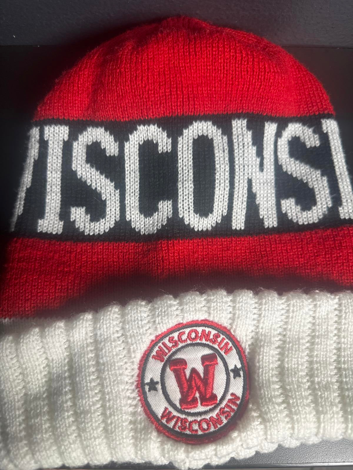 Wisconsin Red and White Knit Beanie Hat