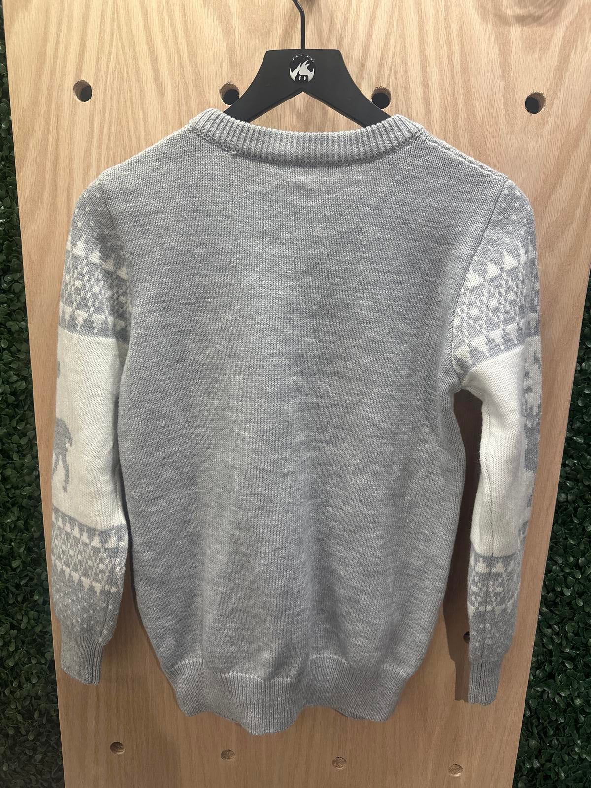 Gray and White Fair Isle Patterned Knit Sweater