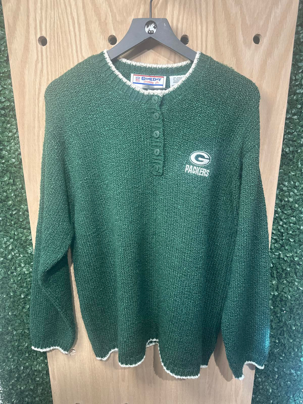 Vintage Green Packers Knit Button-Up Sweater