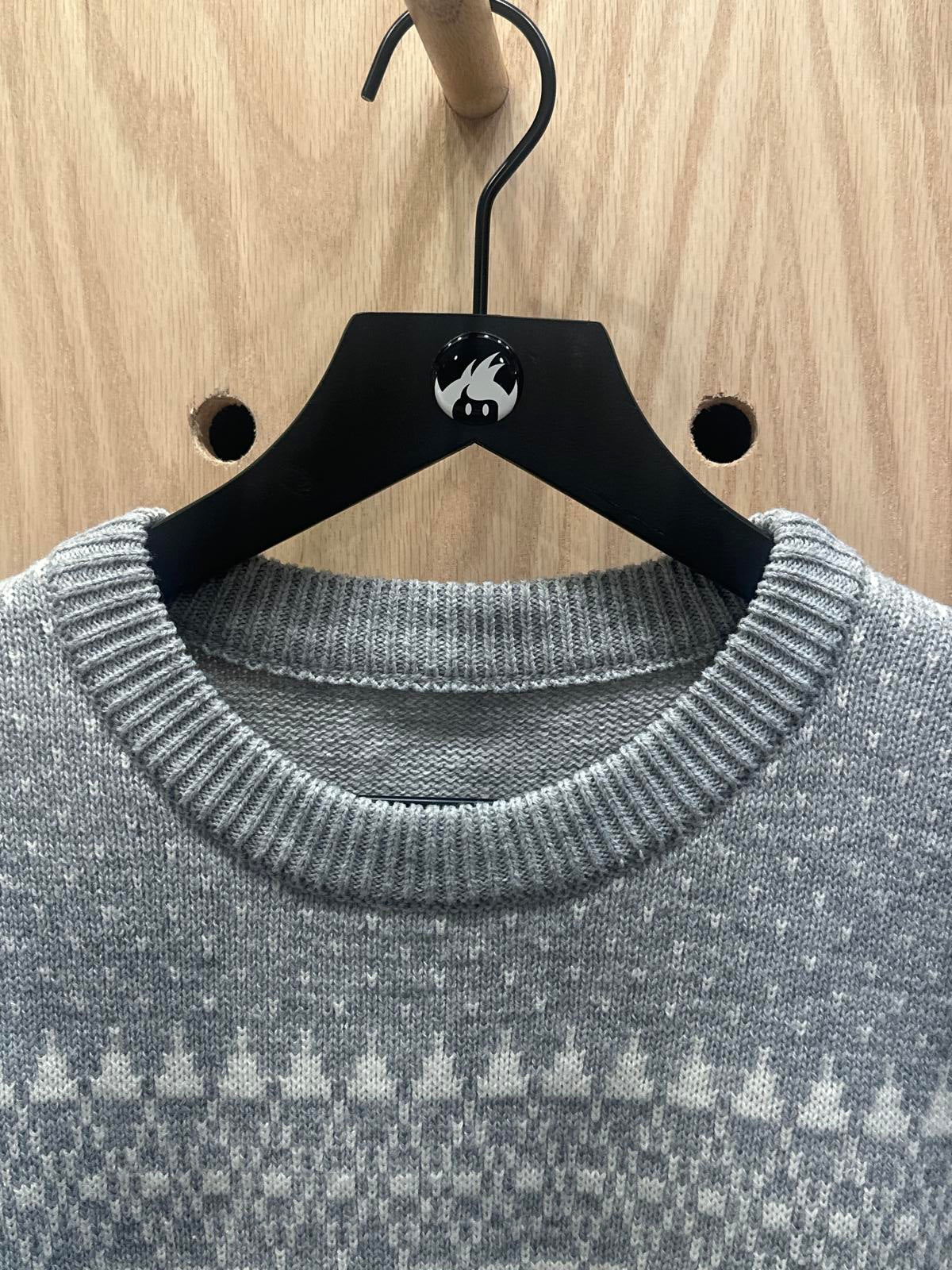 Gray and White Fair Isle Patterned Knit Sweater