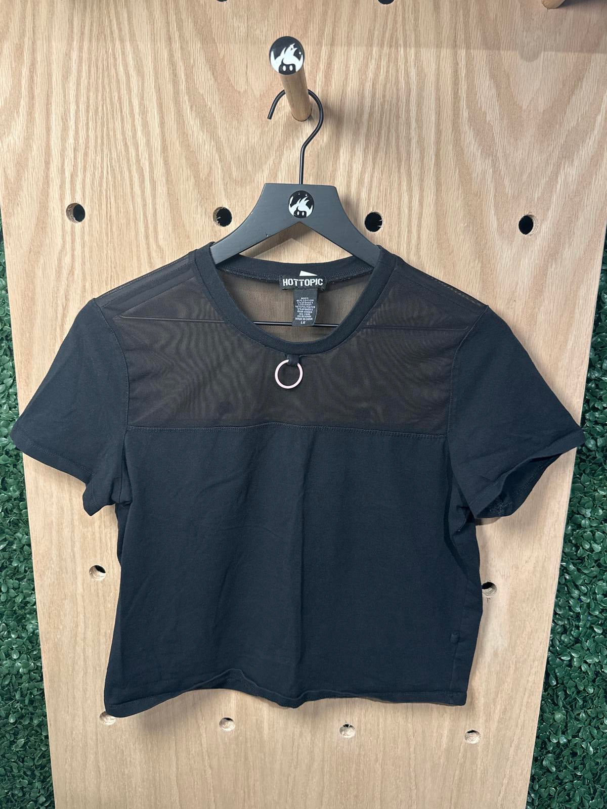 Hot Topic Black Mesh Panel Crop Top with Ring Detail