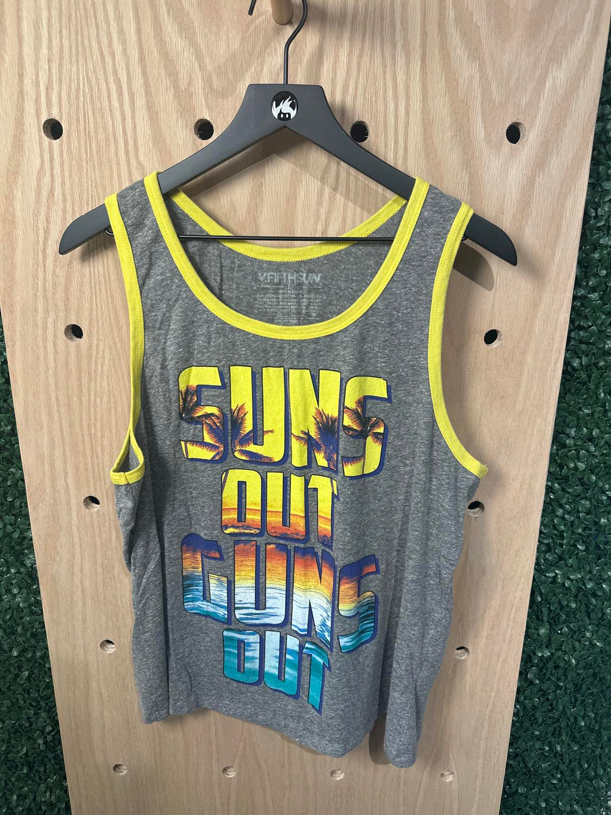 Men's Grey and Yellow 'Suns Out Guns Out' Tank Top