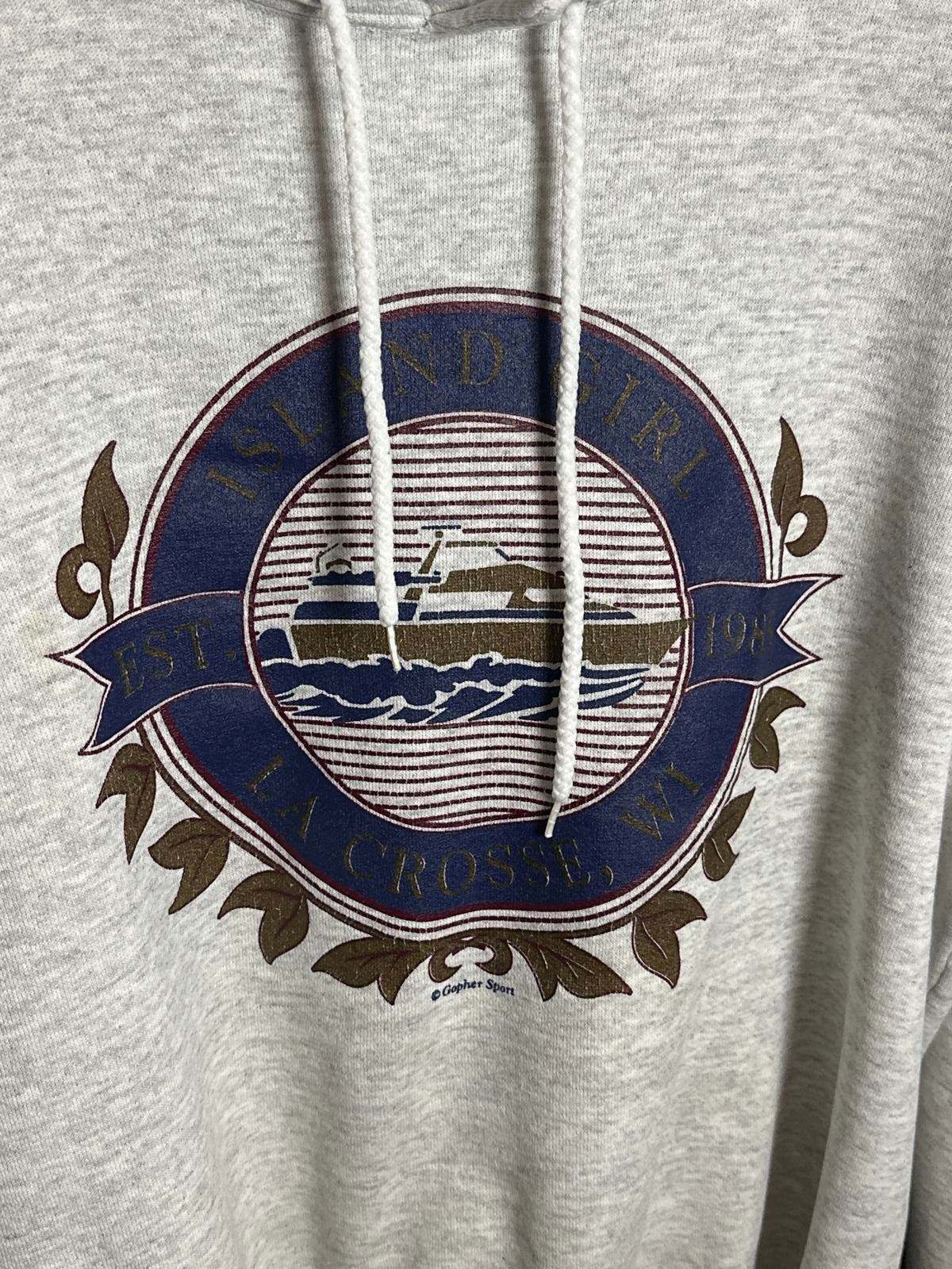 Pioneer Sports Inc. Vintage Woman's Grey Hoodie with Island Ferry Graphic