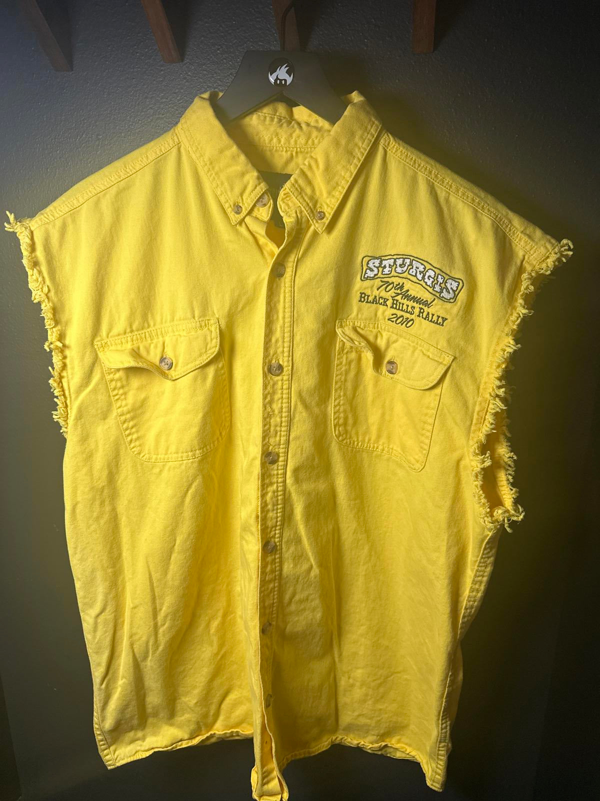 Yellow Sleeveless Button-Up Shirt with Sturgis Rally Graphics