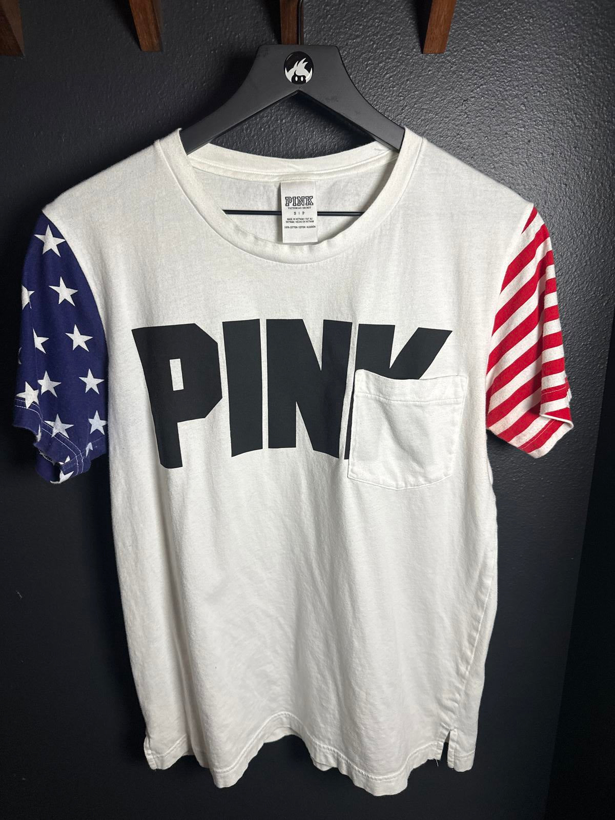 Victoria's Secret PINK White T-Shirt with American Flag Sleeves