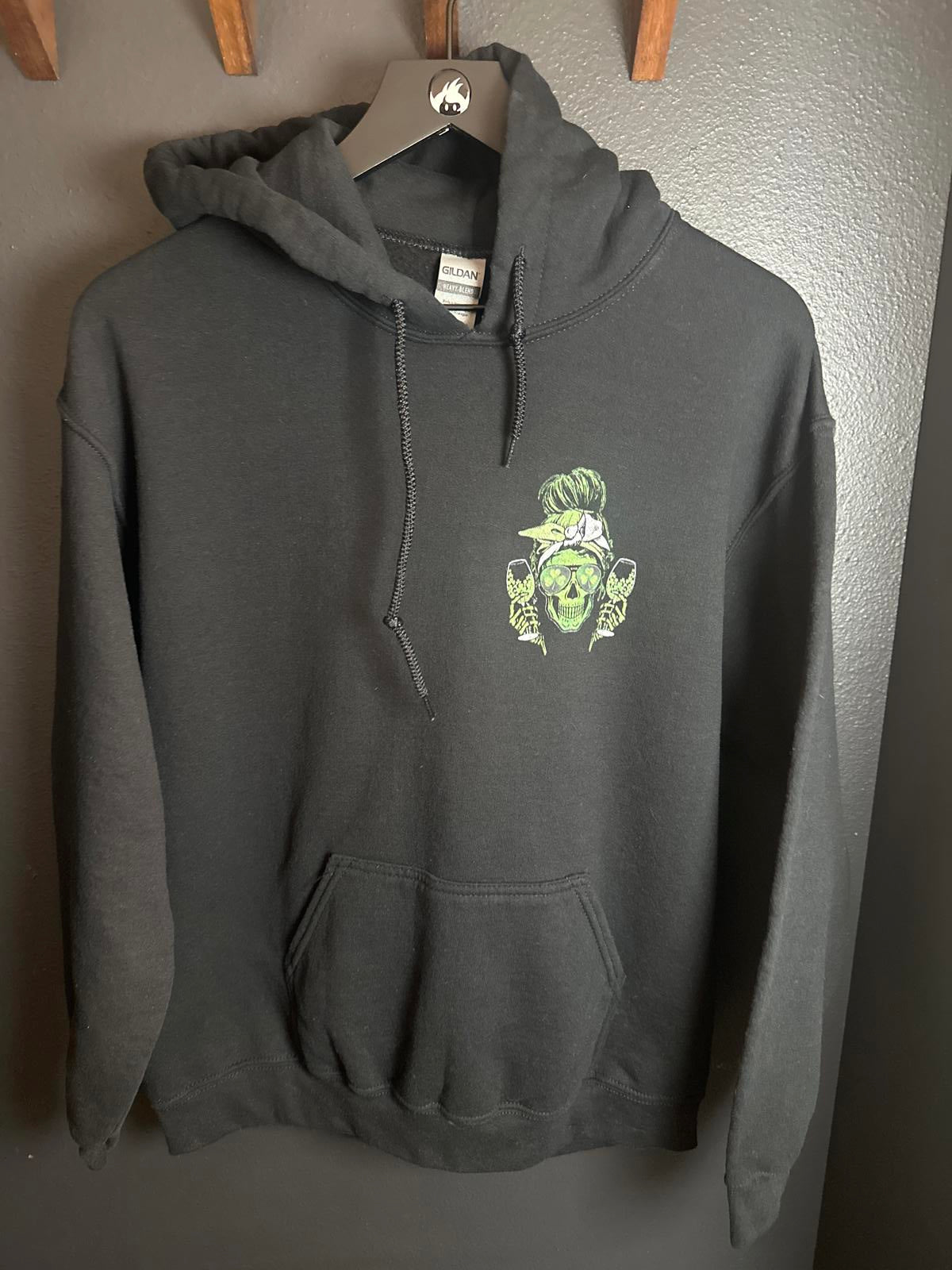 Gildan Heavy Blend Black Hoodie with Green Skull Graphic
