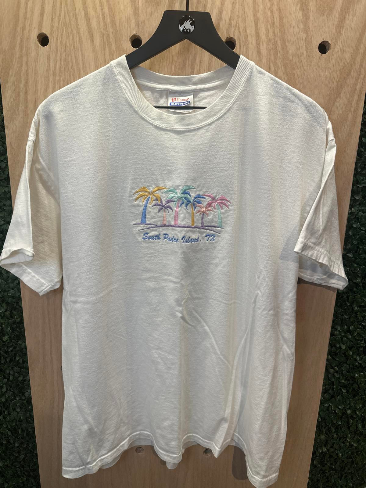Hanes Heavyweight White Embroidered Palm Tree T-Shirt