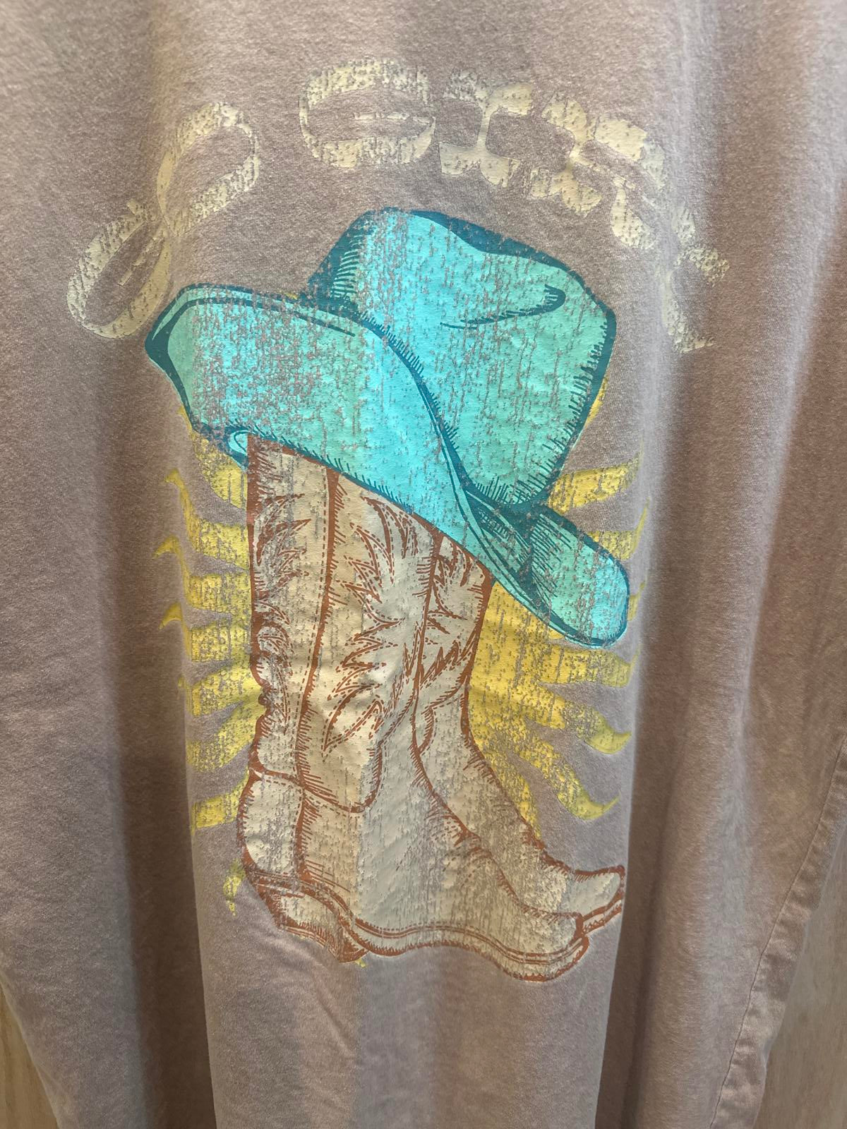 Golden Hour Woman's OS Graphic T-Shirt with Cowboy Boots and Hat Design
