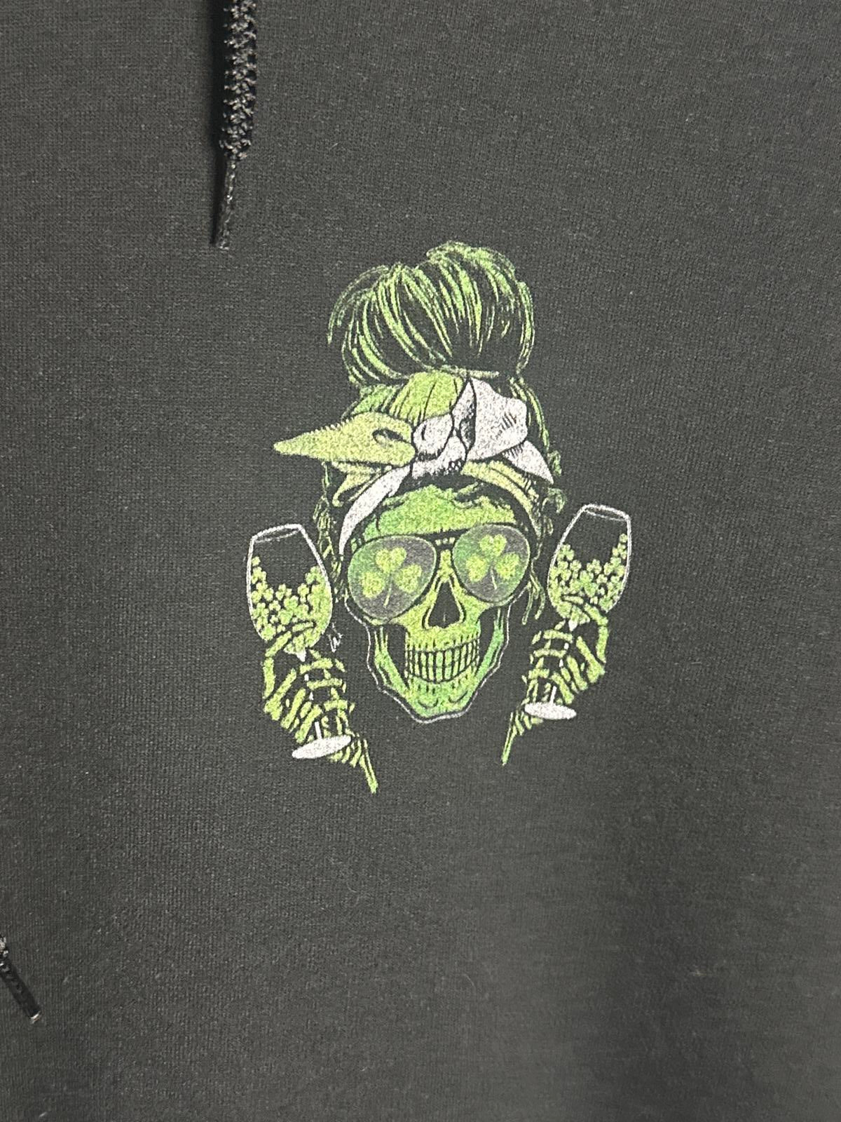 Gildan Heavy Blend Black Hoodie with Green Skull Graphic