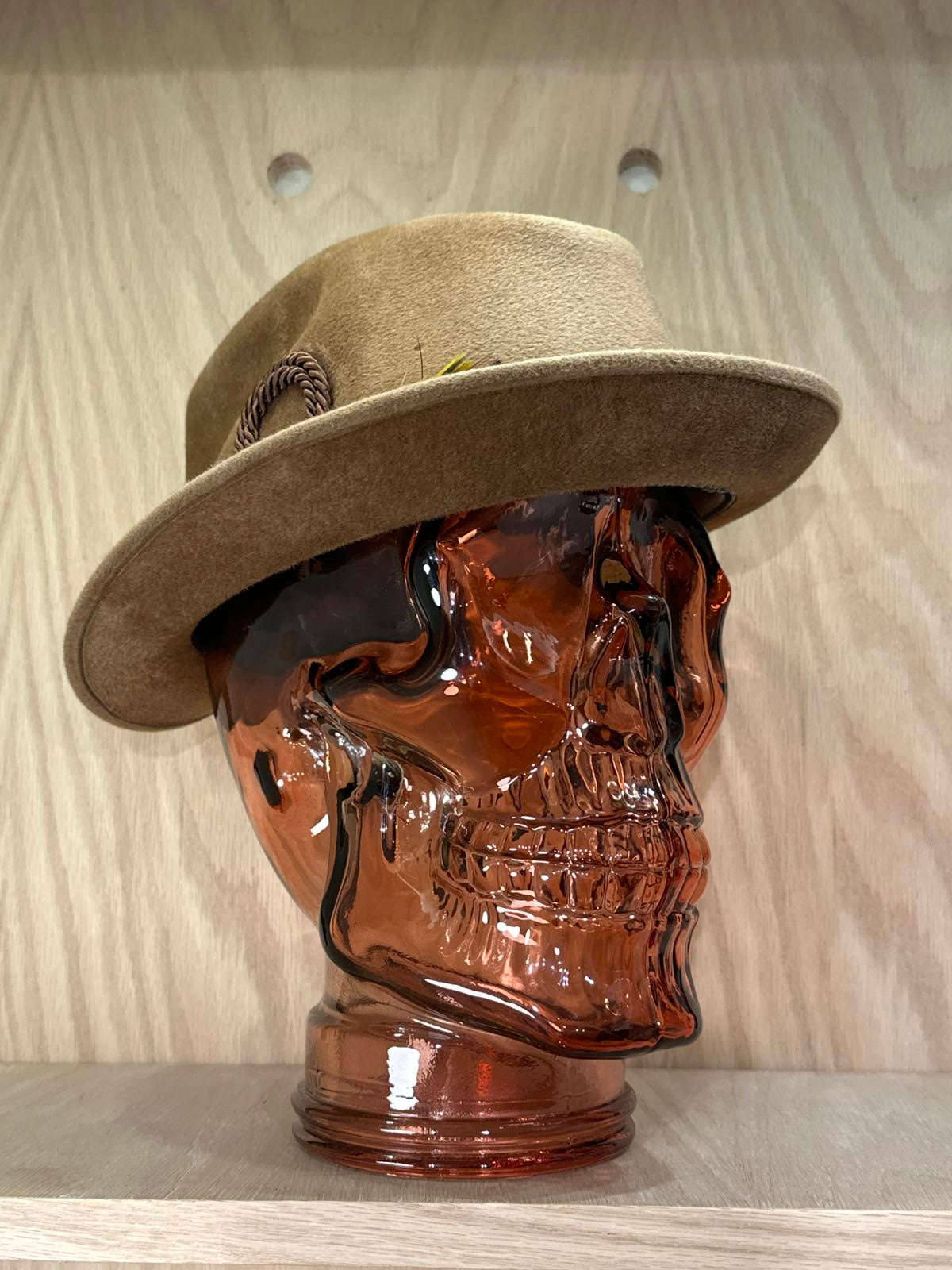 Vintage Dobbs Fifth Avenue Tan Fedora Hat with Decorative Feather and Rope Band