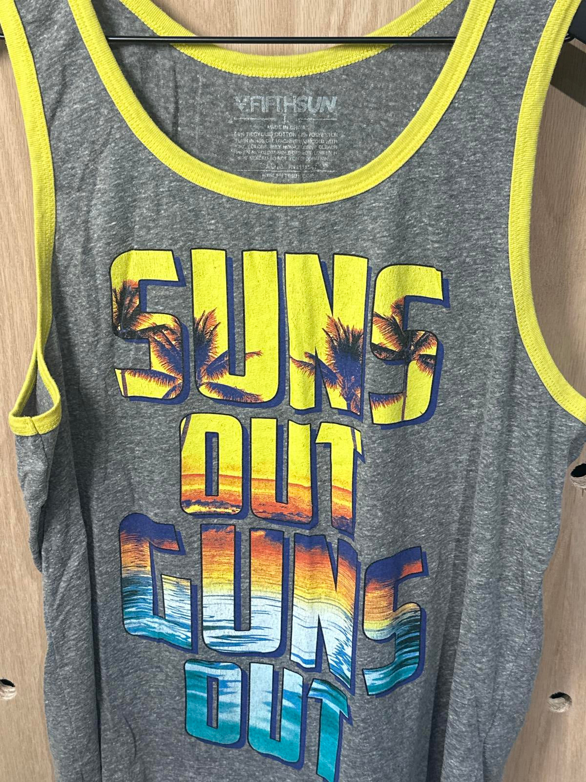 Men's Grey and Yellow 'Suns Out Guns Out' Tank Top