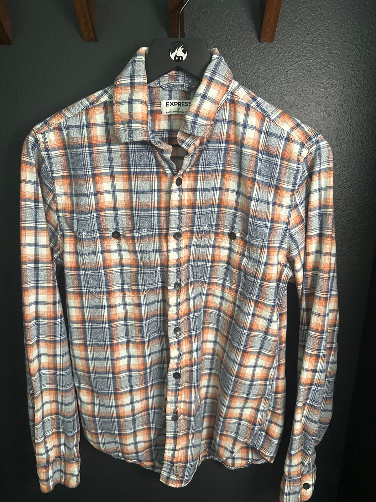 Express Blue and Orange Plaid Button-Up Shirt