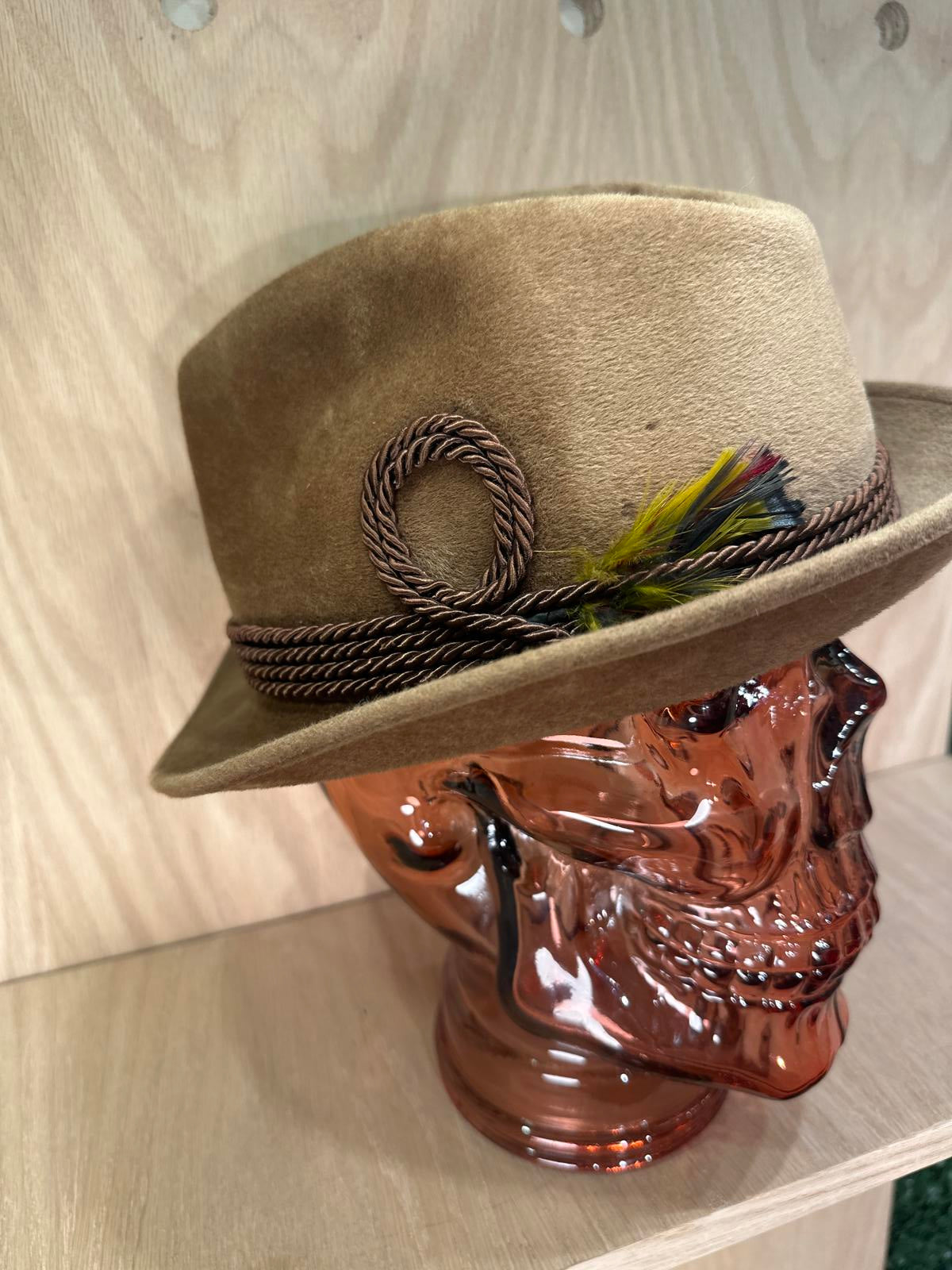 Vintage Dobbs Fifth Avenue Tan Fedora Hat with Decorative Feather and Rope Band