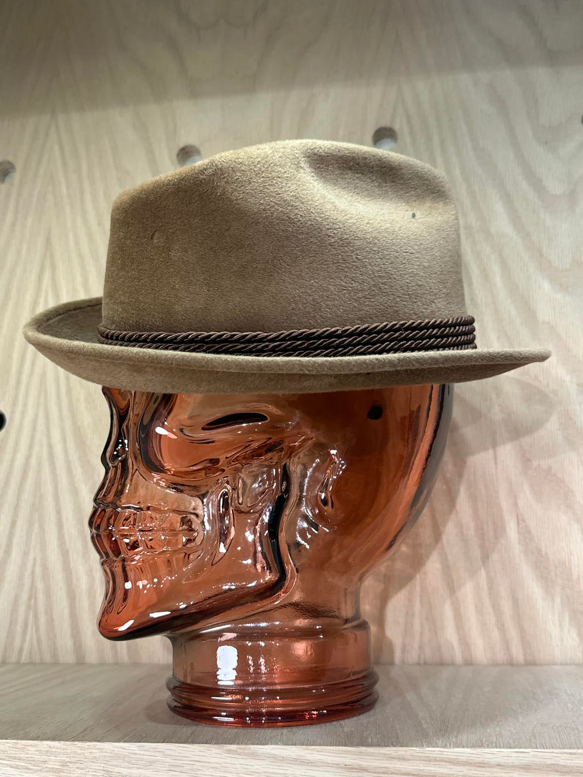 Vintage Dobbs Fifth Avenue Tan Fedora Hat with Decorative Feather and Rope Band