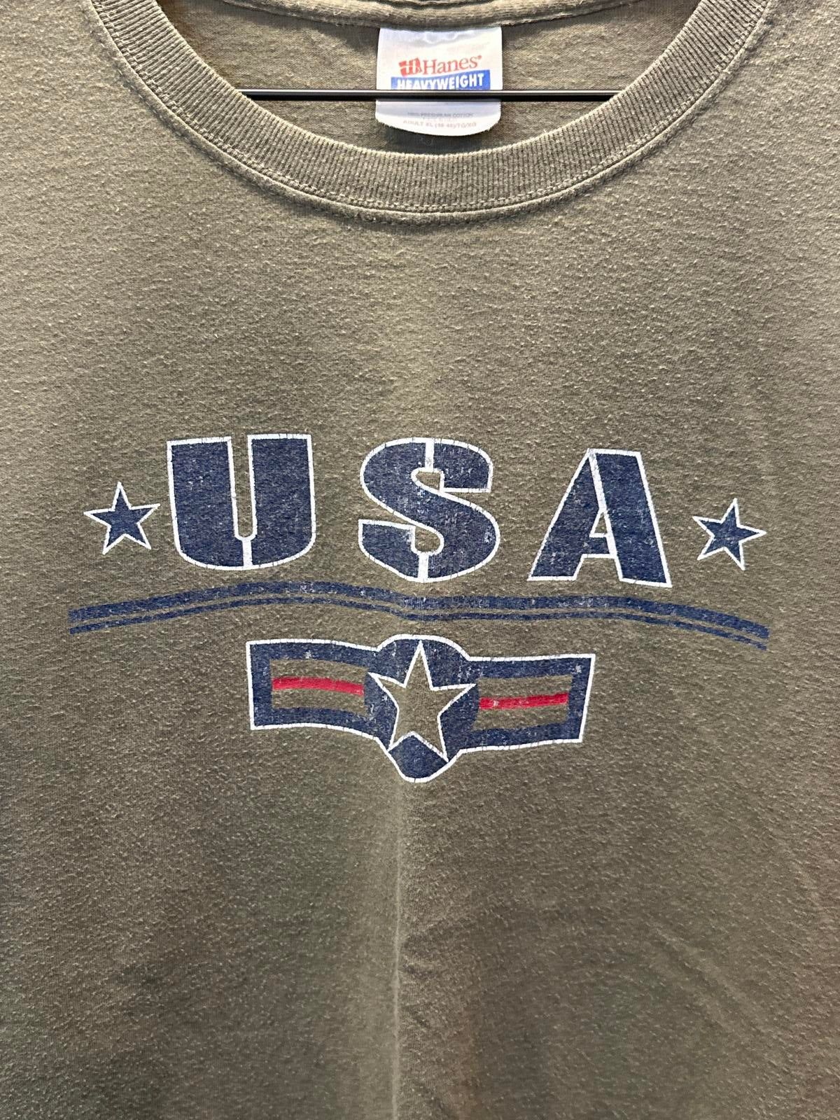 Hanes Heavyweight USA Graphic T-Shirt Olive Green Mens Large