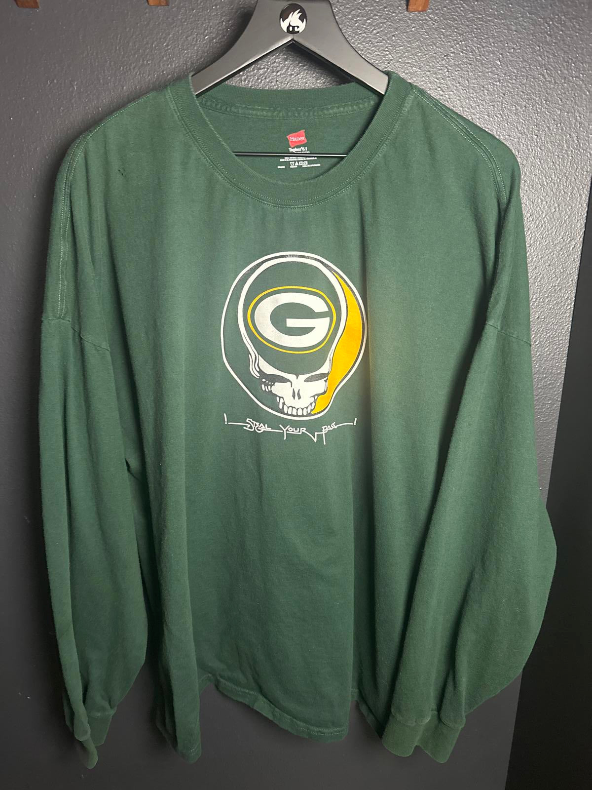 Green Hanes Long Sleeve T-Shirt with Green Bay Graphic Print