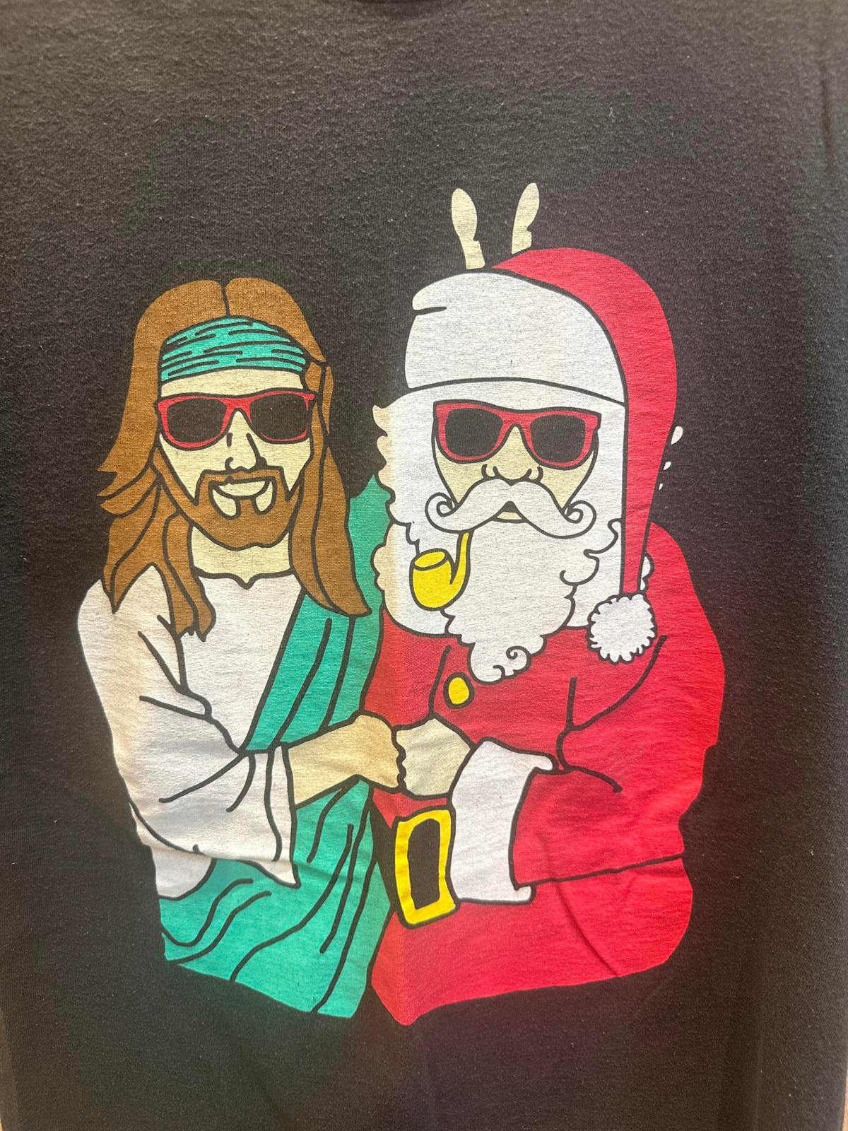 Black Graphic T-Shirt with Jesus and Santa Design