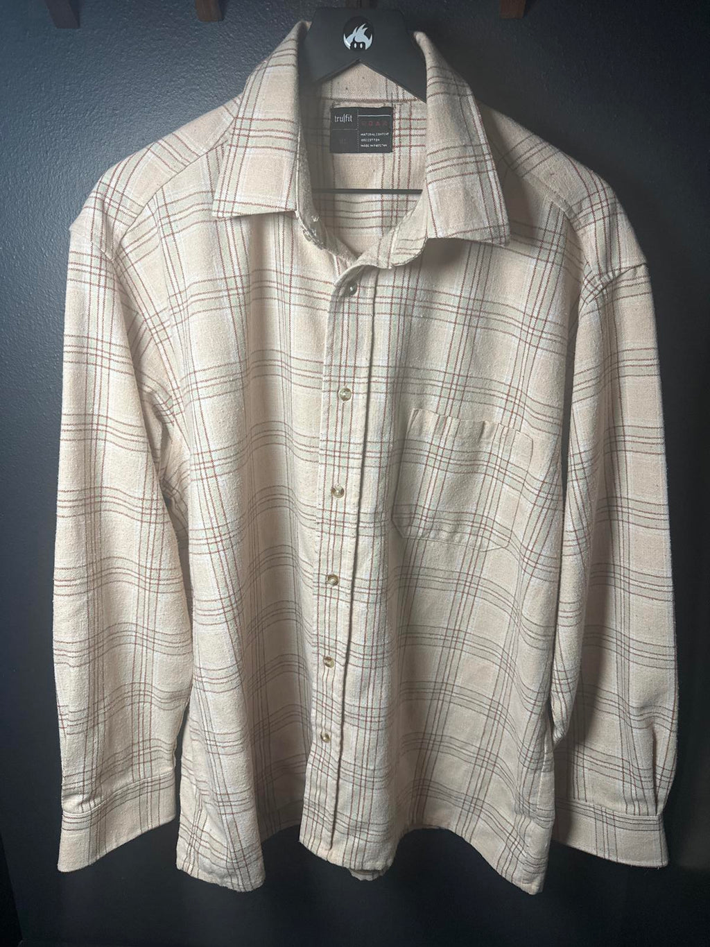 Trulfit Men's Casual Button-Up Shirt XL Beige Plaid 100% Cotton