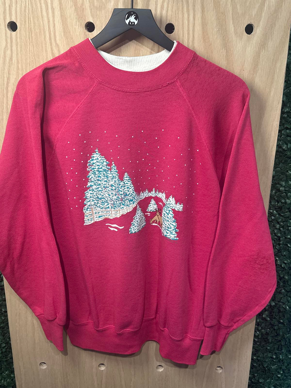 Vintage Ultra Sweats Red Crewneck Sweatshirt with Winter Cabin Print