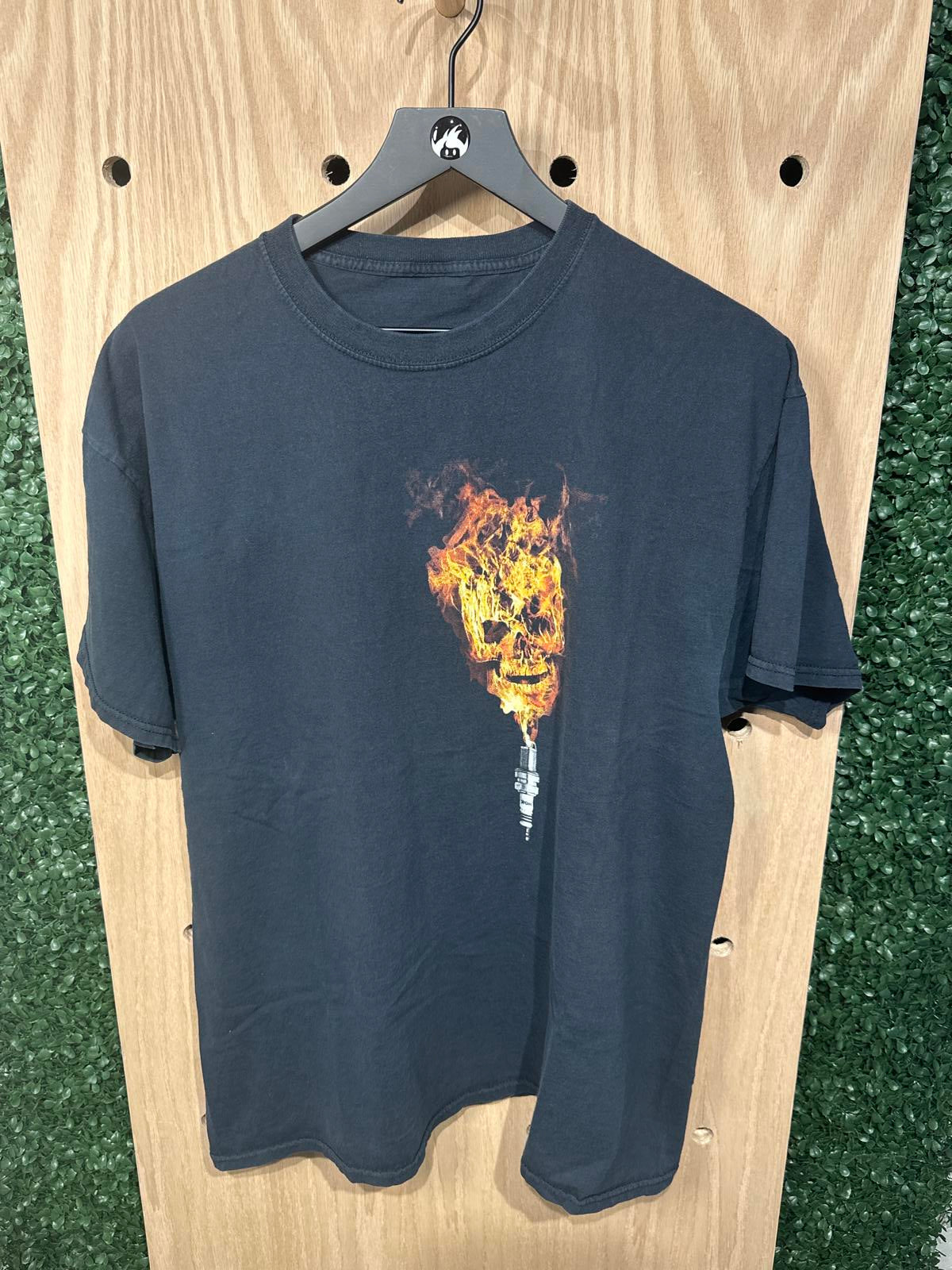 Men's Black Graphic Short Sleeve T-Shirt with Flaming Skull Design