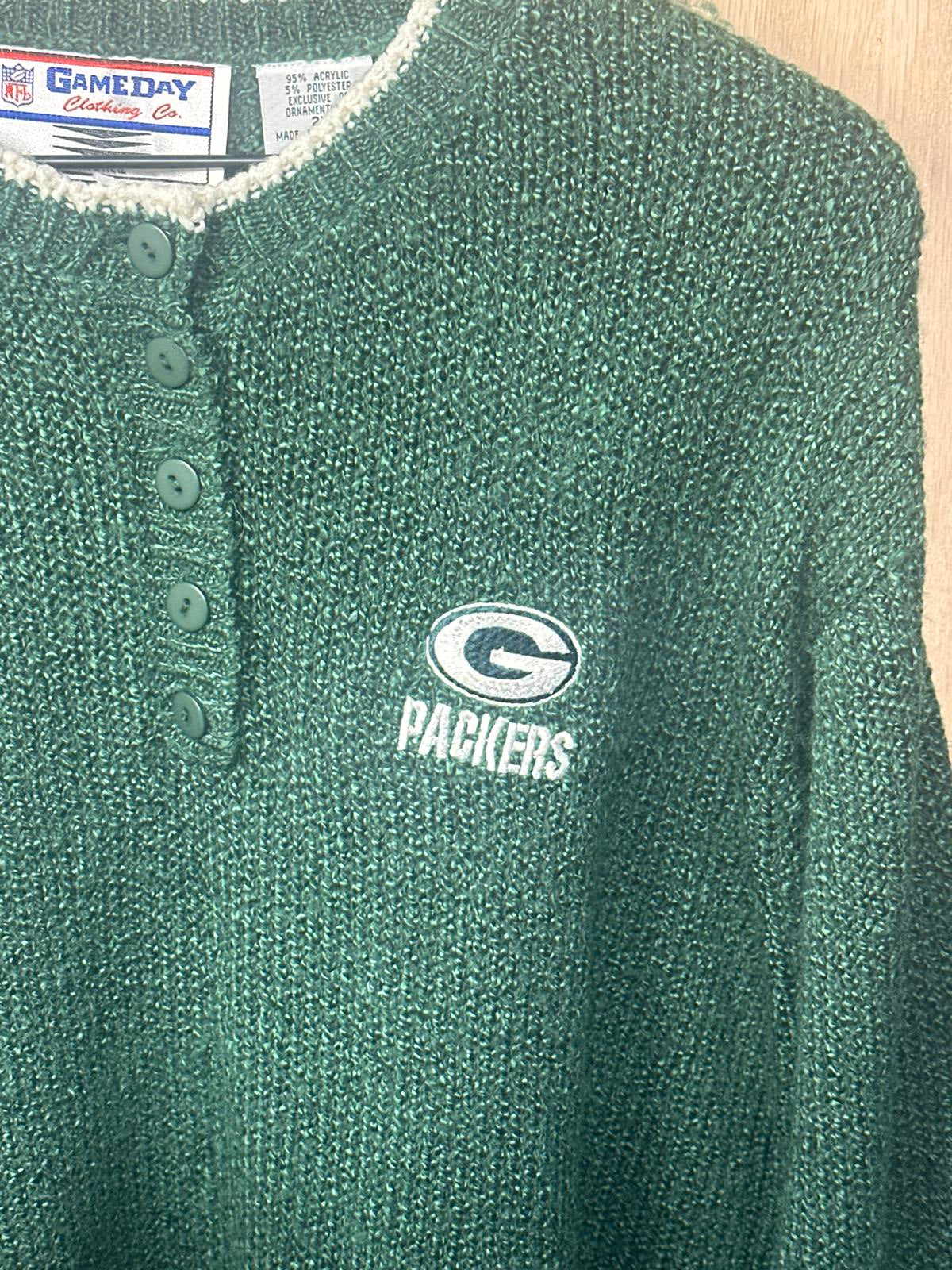 Vintage Green Packers Knit Button-Up Sweater