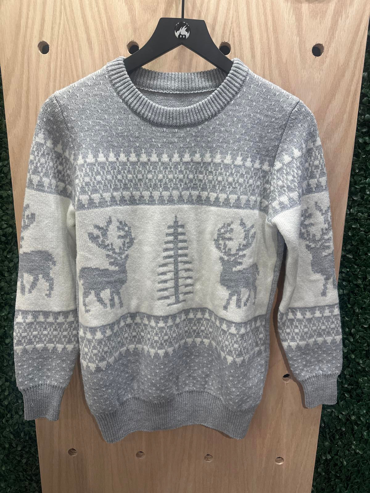 Gray and White Fair Isle Patterned Knit Sweater