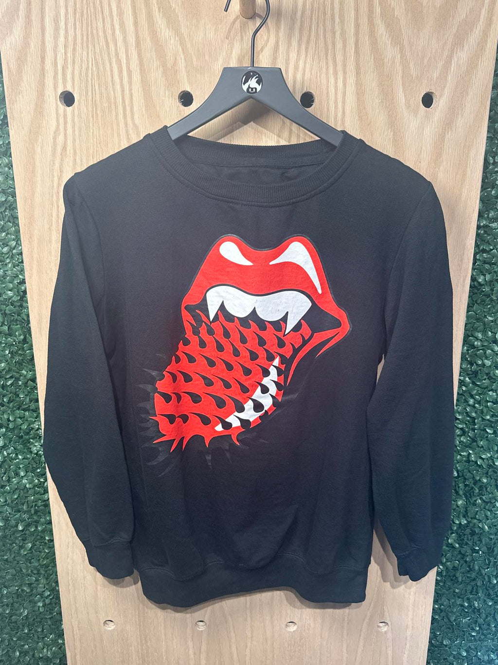 Rolling Stones Black Graphic Sweatshirt with Red Lips and Tongue Design