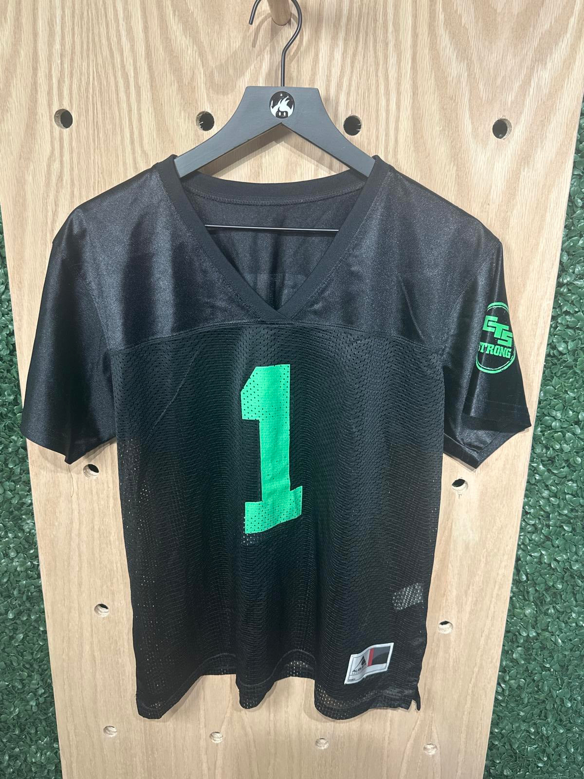Woman's Black Athletic Jersey with Green Number 1