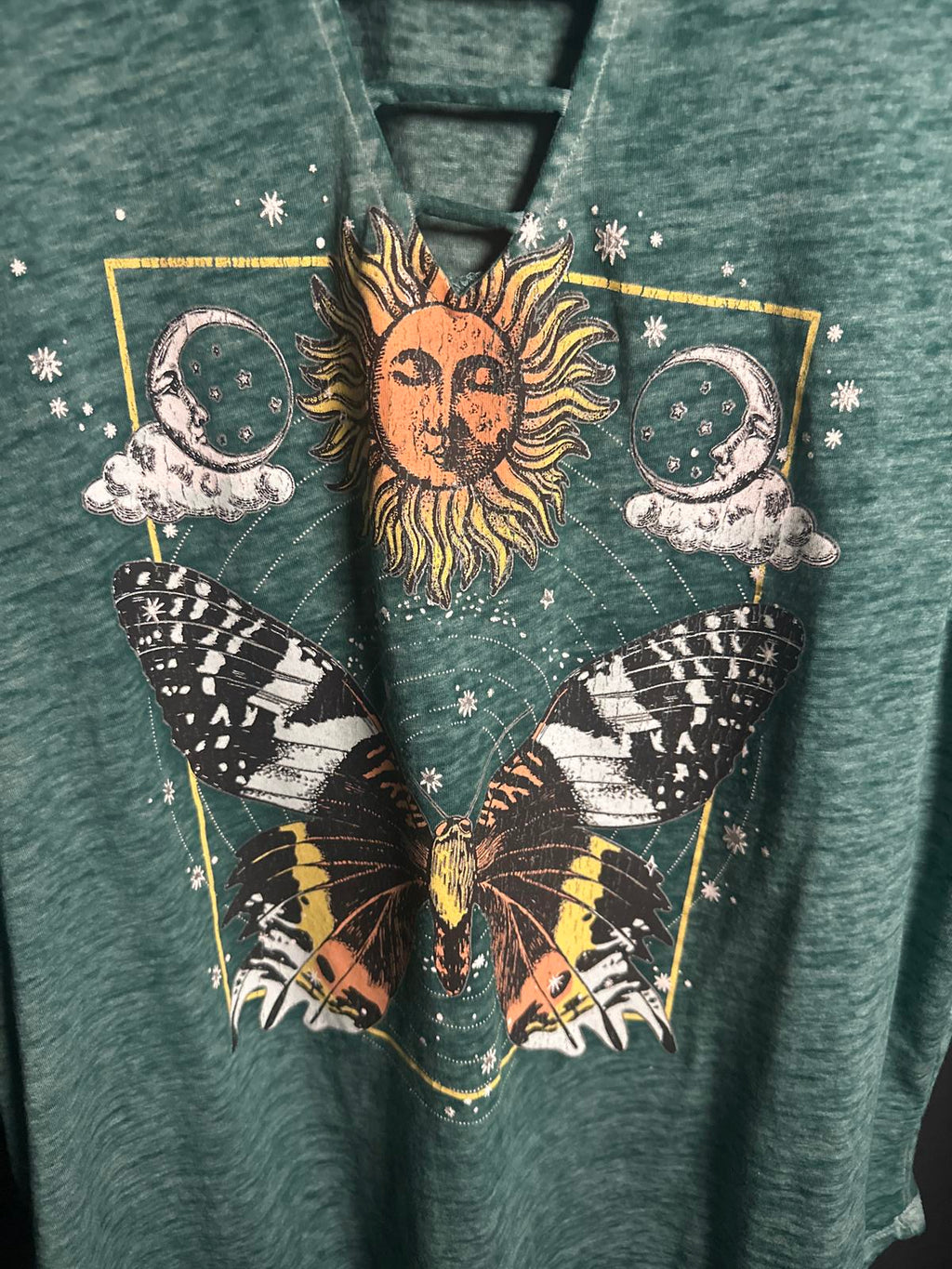 Green Joei & I Graphic Women's T-Shirt with Sun and Butterfly Design