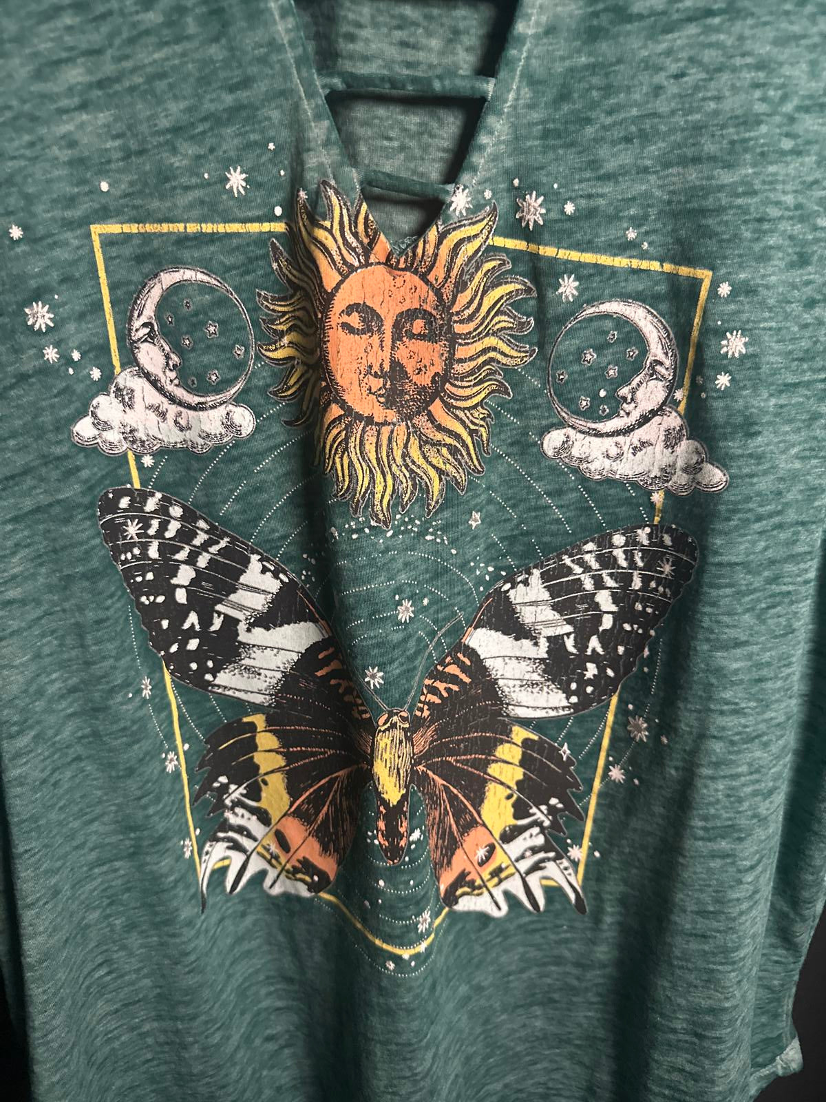 Green Joei & I Graphic Women's T-Shirt with Sun and Butterfly Design